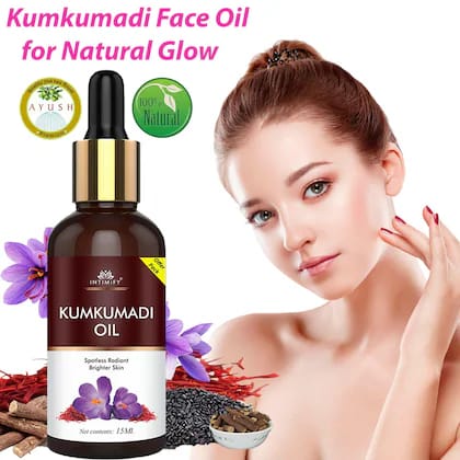 Kumkumadi Face Oil bottle with saffron and a model showing glowing skin.